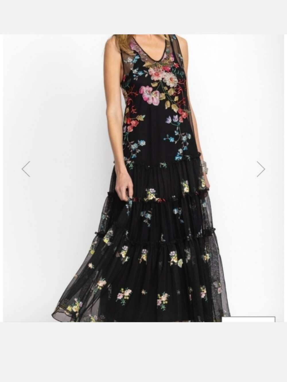 Johnny Was Black Floral Embroidered Tiered Maxi Dress Liliana Mesh Dress